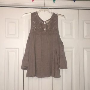 Light brown cold shoulder top with lace detail